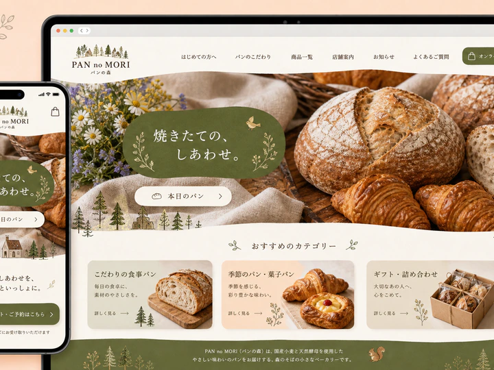 パンの商品情報と焼きたての魅力を親しみやすく伝えるベーカリーのホームページサンプル