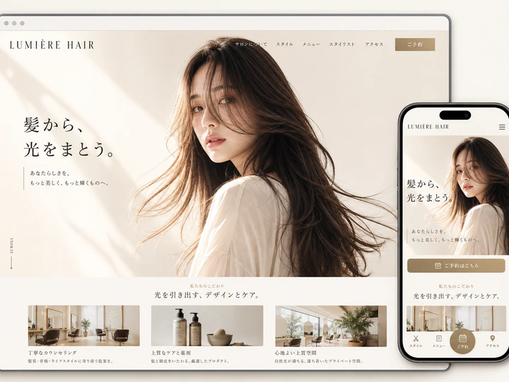 ヘアスタイルと上質な雰囲気を軽やかに表現した美容室のホームページサンプル