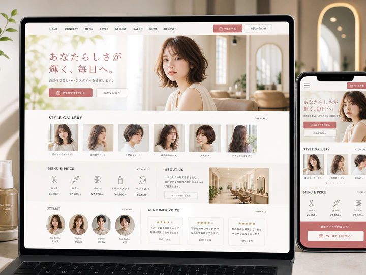 ヘアスタイル事例と予約導線を整理した美容室のホームページサンプル