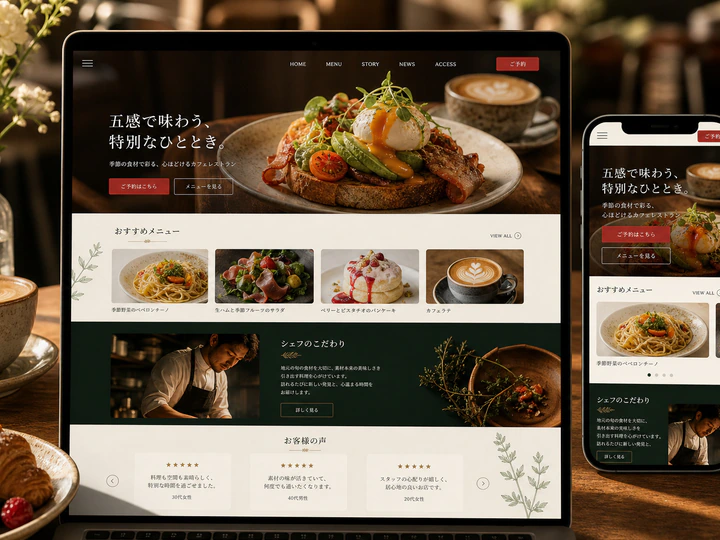 料理写真と予約導線を印象的に配置したレストランのホームページサンプル