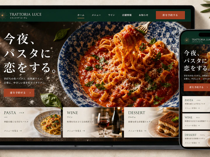 パスタ料理と店内の雰囲気を印象的に見せるイタリアンレストランのホームページサンプル