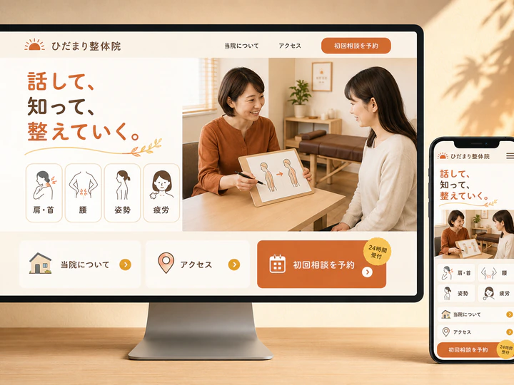 身体の悩みと相談予約を親しみやすく案内する整体院のホームページサンプル
