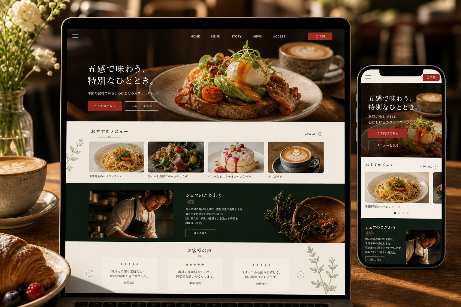 パソコンとスマートフォンに対応した飲食店ホームページサンプル
